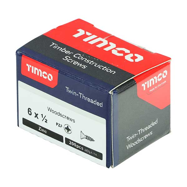 Timco wood screw product box for the 6 x 1/2” (3.5 x 12mm) Pozi Countersunk Twin Thread Wood Screws BZP - Box of 200, 00612CWZ