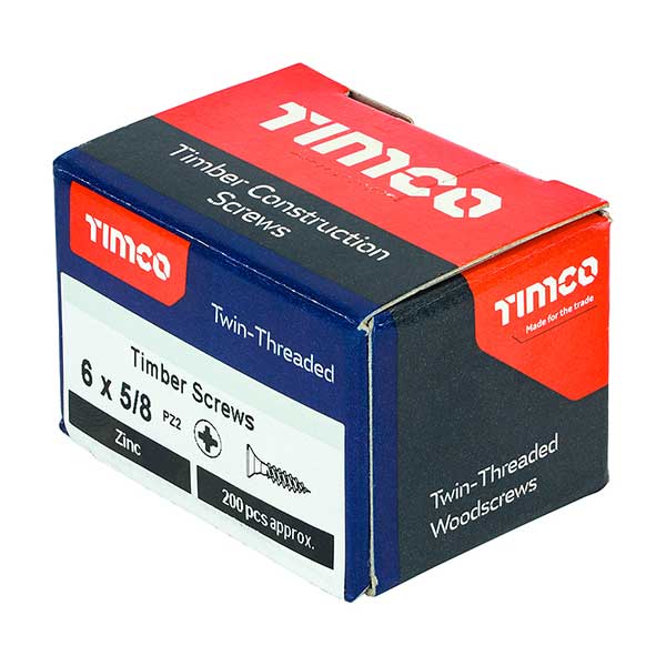 Timco wood screw product box image for the 6 x 5/8” (3.5 x 16mm) Pozi Countersunk Twin Thread Wood Screws BZP - Box of 200, 00658CWZ