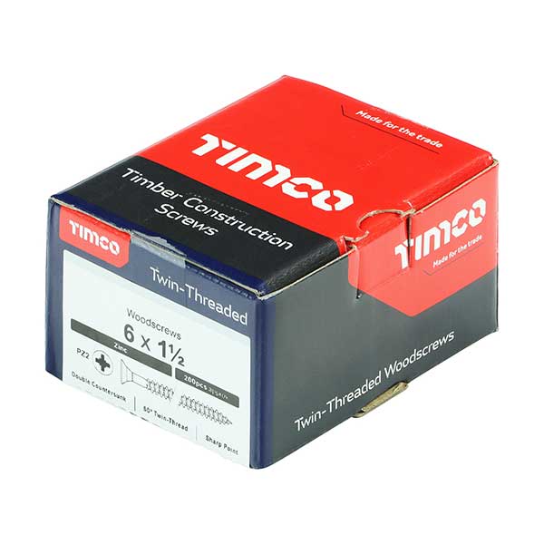 Timco wood screw box product image for the 6 x 1 1/2” (3.5 x 40mm) Pozi Countersunk Twin Thread Wood Screws BZP - Box of 200, 06112CWZ