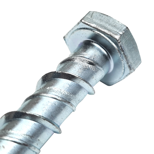 Detail image of the Heavy-duty Ankerbolt x 130mm. Showing the hex head and specifically designed thread that allows a strong hold in concrete.