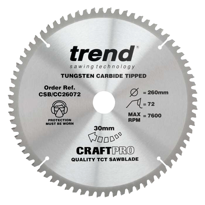 Trend CraftPro Wood Mitre Circular Saw Blade, 260mm x 30mm x 72T (CSB/CC26072) CLEARANCE