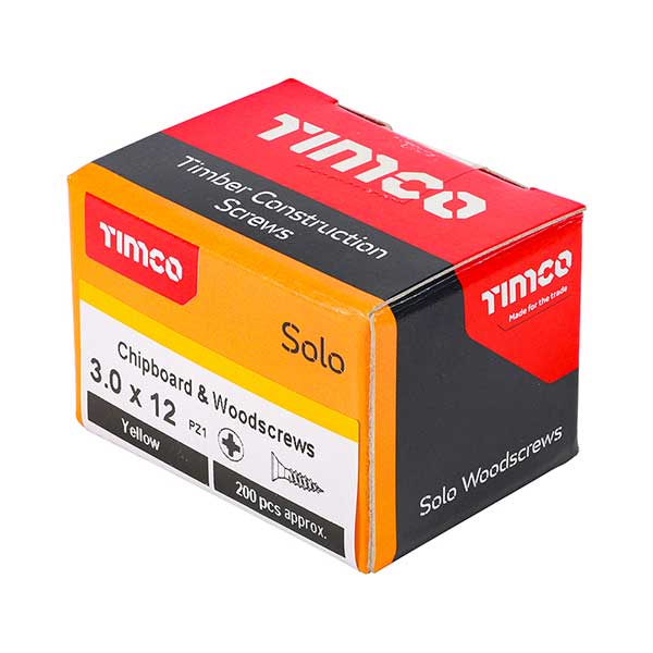 Box image for the Timco 3 x 12mm Countersunk Solo Wood Screws, 30012SOLOC, ZYP (Box of 200)