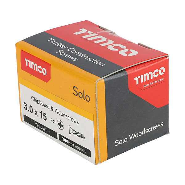 Box imnage for the Timco 3 x 15mm Countersunk Solo Wood Screws from Fusion Fixings