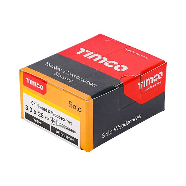 Screw box image for the Timco 3 x 25mm Countersunk Solo Wood Screws, 30025SOLOC, ZYP (Box of 200)