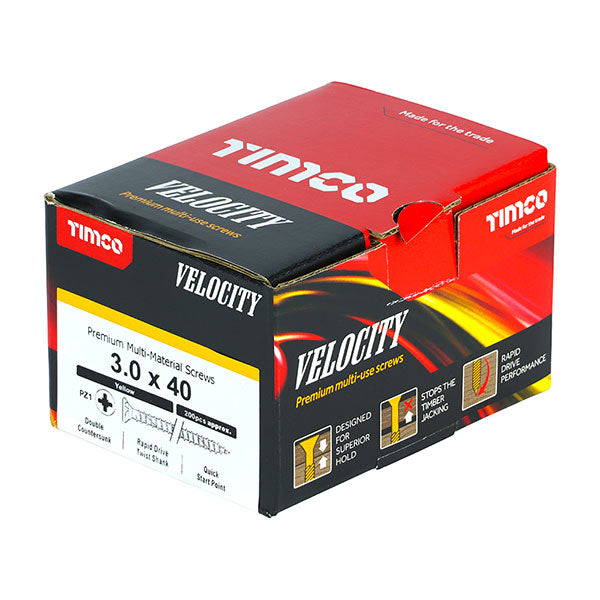 3 x 40mm Timco Velocity Wood Screws, Pozi, Countersunk, ZY, Box of 200 (30040VY)