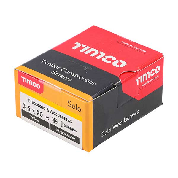 Screw box image for the Timco 3.5 x 20mm Countersunk Solo Wood Screws from Fusion Fixings. Part of a large selection of wood screws from Fusion Fixings