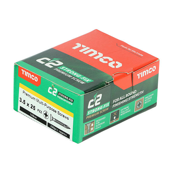 3.5 x 25mm Timco C2 Strong Fix Wood Screws, Pozi, Countersunk, ZY, Box of 200 (35025C2)