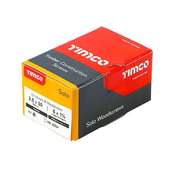 Screw box image for the Timco 3.5 x 30mm Countersunk Solo Wood Screws, 35030SOLOC, ZYP (Box of 200). Part of a larger range of wood screws available.