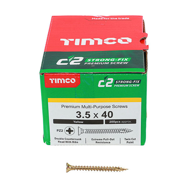 3.5 x 40mm Timco C2 Strong Fix Wood Screws, Pozi, Countersunk, ZY, Box of 200 (35040C2)