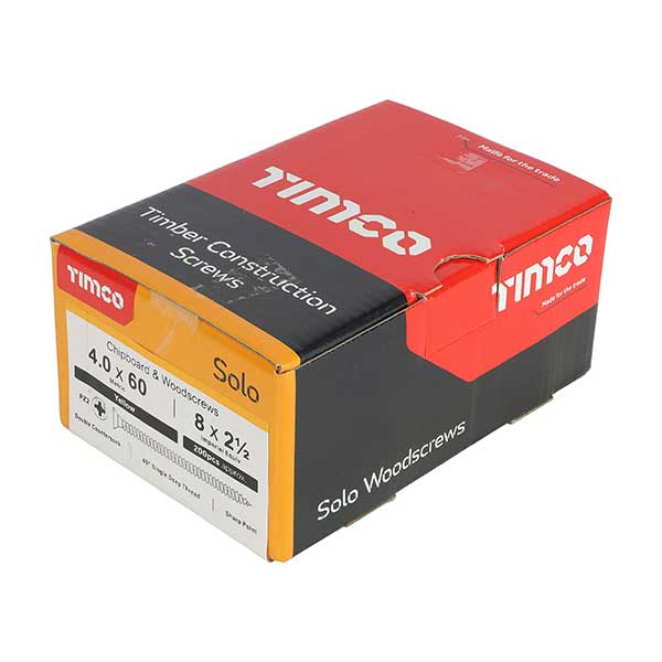 Product box image for the Timco 4 x 60mm Countersunk Solo Wood Screws, 40060SOLOC, ZYP (Box of 200)