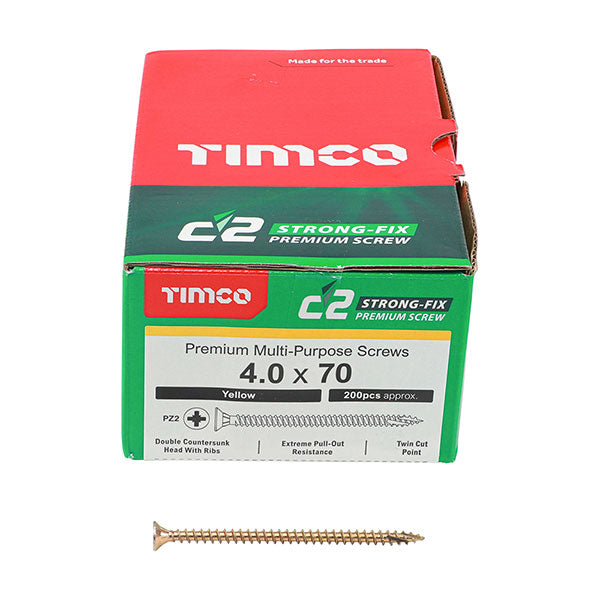 4 x 70mm Timco C2 Strong Fix Wood Screws, Pozi, Countersunk, ZY, Box of 200 (40070C2)