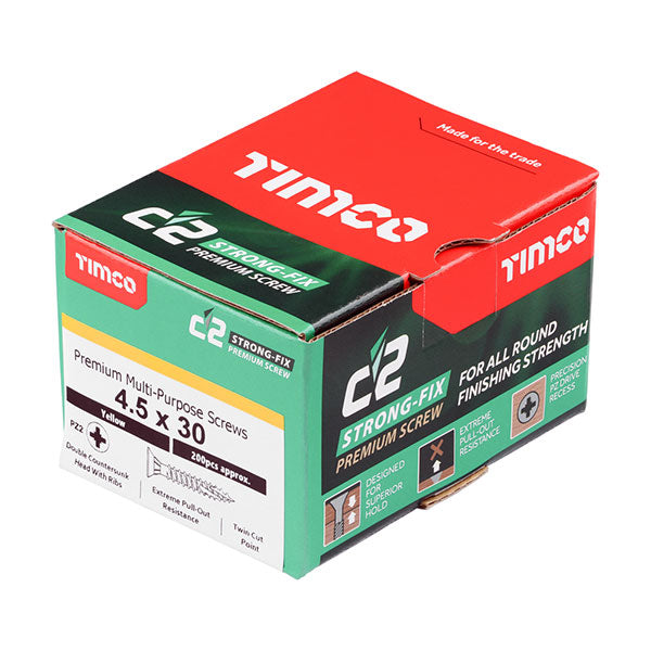 4.5 x 30mm Timco C2 Strong Fix Wood Screws, Pozi, Countersunk, ZY, Box of 200 (45030C2)