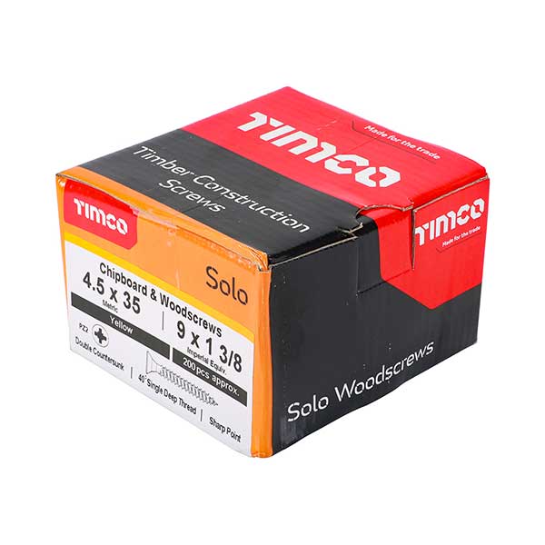 Product box image for the Timco 4.5 x 35mm Countersunk Solo Wood Screws, 45035SOLOC, ZYP (Box of 200)