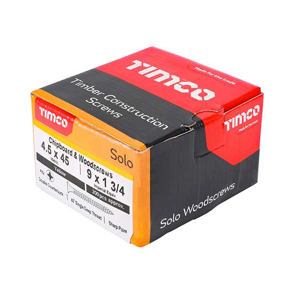 Product image showing the box used to supply the Timco 4.5 x 45mm Countersunk Solo Wood Screws