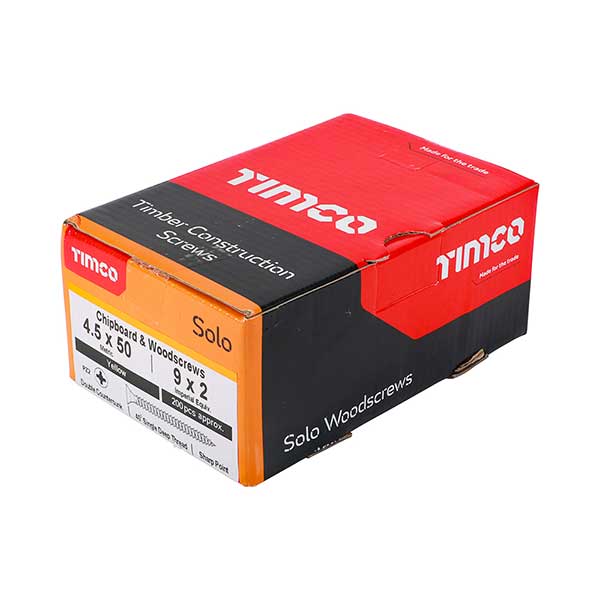 Product image showing the box the Timco 4.5 x 50mm Countersunk Solo Wood Screws are supplied in from Fusion Fixings.