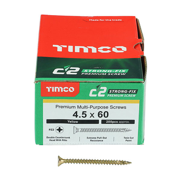 4.5 x 60mm Timco C2 Strong Fix Wood Screws, Pozi, Countersunk, ZY, Box of 200 (45060C2)