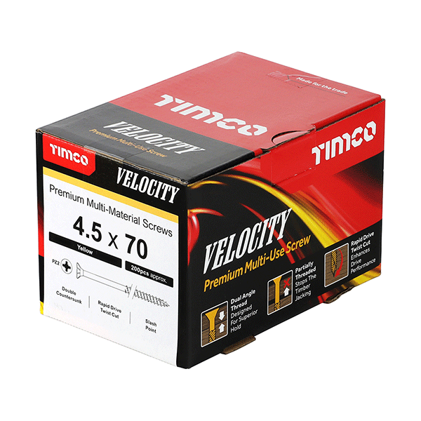 4.5 x 70mm Timco Velocity Wood Screws, Pozi, Countersunk, ZY, Box of 200 (45070VY)