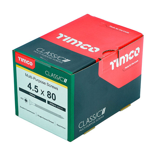 Great prices on 4.5 x 80mm Timco double countersunk wood screws, Pozi, ZY, boxes of 200. Deep single thread with high pull-out resistance 45080CLAF