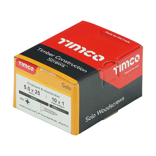 Box product image for the Timco 5 x 25mm Countersunk Solo Wood Screws, 50025SOLOC, ZYP (Box of 200)