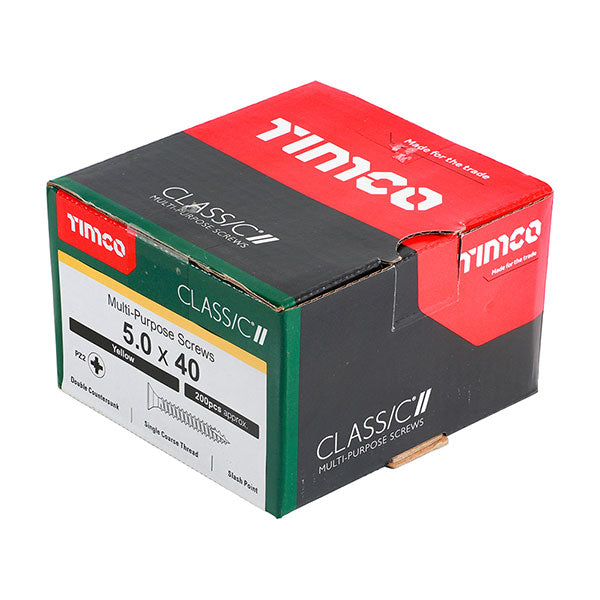 Timco wood screw box for the 5 x 40mm Countersunk Wood Screws, Pozi, Zinc & Yellow, Box of 200 (50040CLAF)