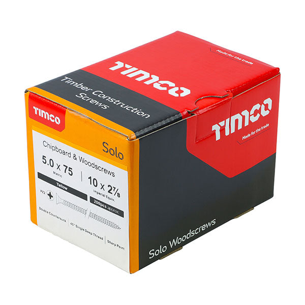 Wood screw box product image for the Timco 5 x 75mm Countersunk Solo Wood Screws, 50075SOLOC, ZYP (Box of 200)