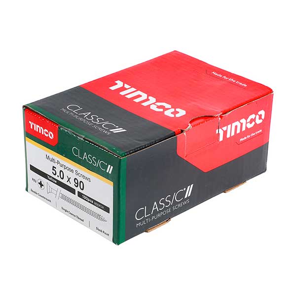 Timco wood screw box image for the 5 x 90mm Countersunk Wood Screws, Pozi, Zinc & Yellow, Box of 200 (50090CLAF)