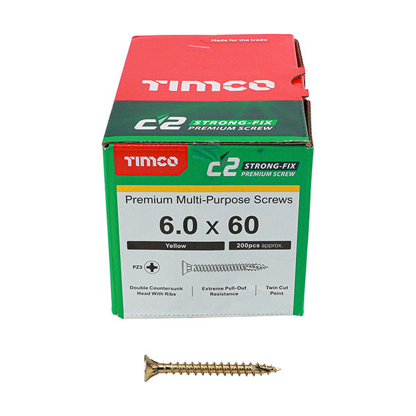 6 x 60mm Timco C2 Strong Fix Wood Screws, Pozi, Countersunk, ZY, Box of 200 (60060C2)