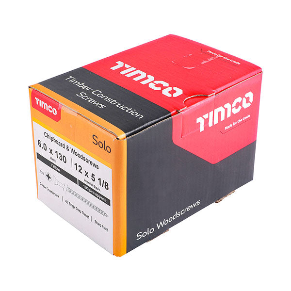 Timco 6 x 130mm Countersunk Solo Wood Screws, 60130SOLOC, ZYP (Box of 100)