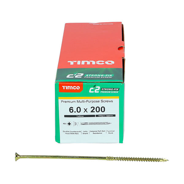 6 x 200mm Timco C2 Strong Fix Wood Screws, Pozi, Countersunk, ZY, Box of 100 (60200C2)