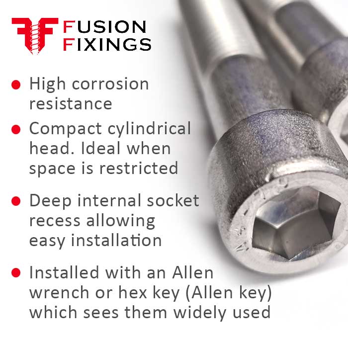 Key information image for the  Socket Cap Head Screw in A4 Stainless Steel DIN 912 from Fusion Fixings