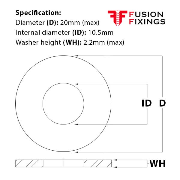 Size guide for the M10 Form A Flat Washer, A4 Stainless Steel, DIN 125A