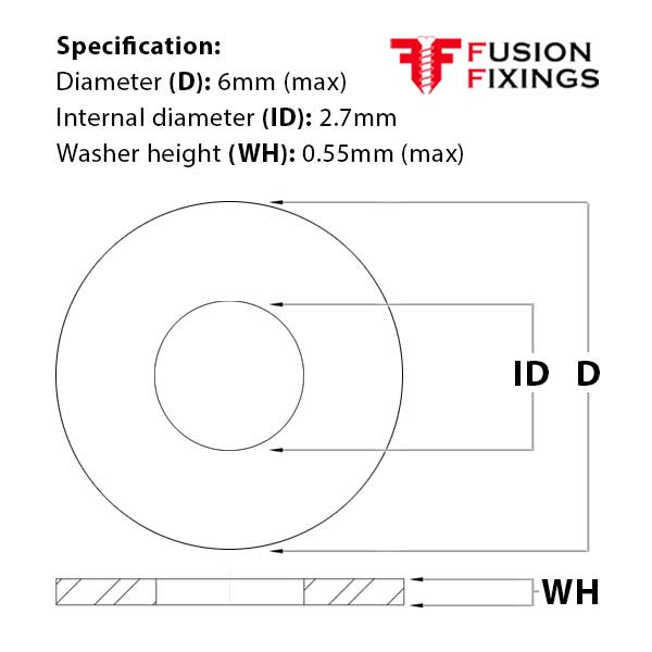 Size guide for the M2.5 Form A Flat Washer, A4 Stainless Steel, DIN 125A