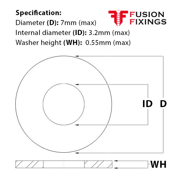 Size guide for the M3 Form A Flat Washer, A4 Stainless Steel, DIN 125A