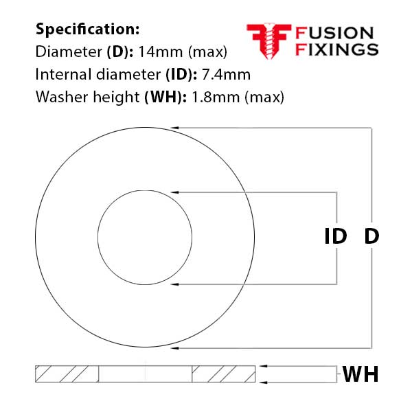 Size guide for the M7 Form A Flat Washer, A4 Stainless Steel, DIN 125A