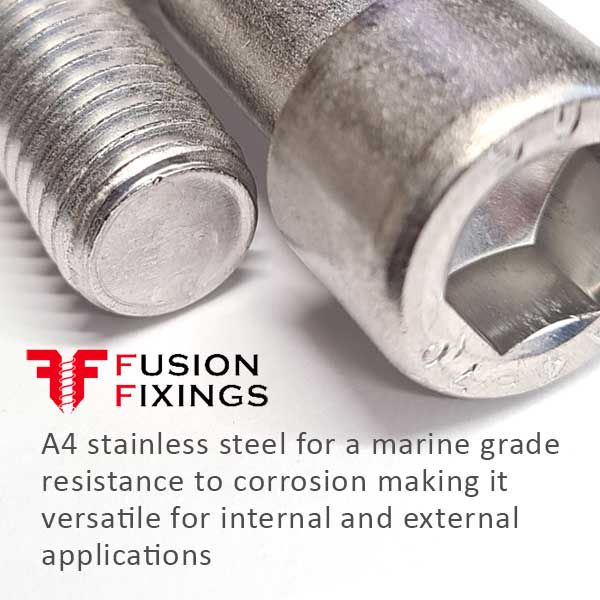 Information image for the socket cap head screw in A4 Stainless Steel DIN 912 highlight the marine grade resistance to corrosion.