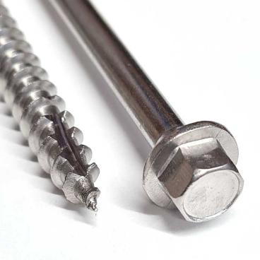 Detail product photography image for the Timco 6.7 x 100mm, Flanged Hex Head Timber Screws, manufactured in A4 stainless steel.