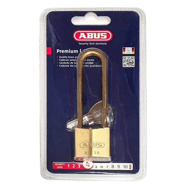 ABUS 65MB/30mm Solid Brass Padlock 70mm Long Shackle Carded, 37596