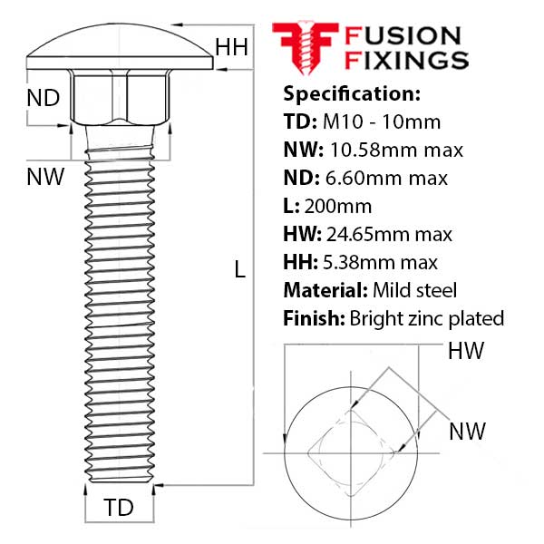 Size guide for the M10 x 200mm Coach Bolt (Carriage Bolt) & Nut BZP DIN 603