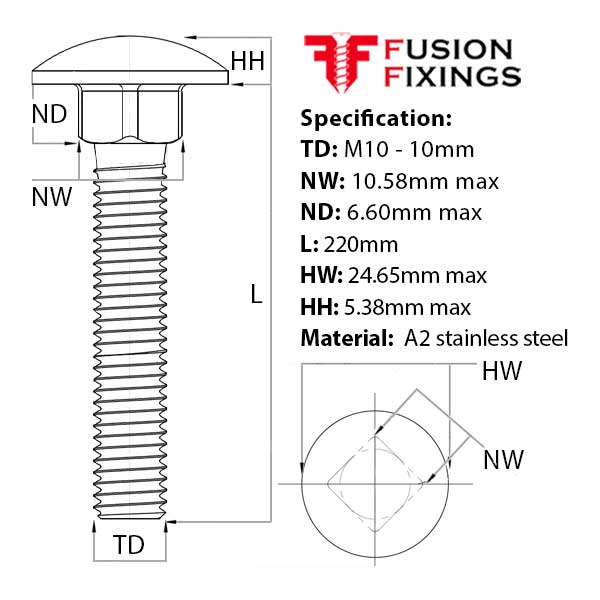 Size guide for the M10 x 220mm Carriage bolt (Coach Bolt) A2 Stainless Steel DIN 603