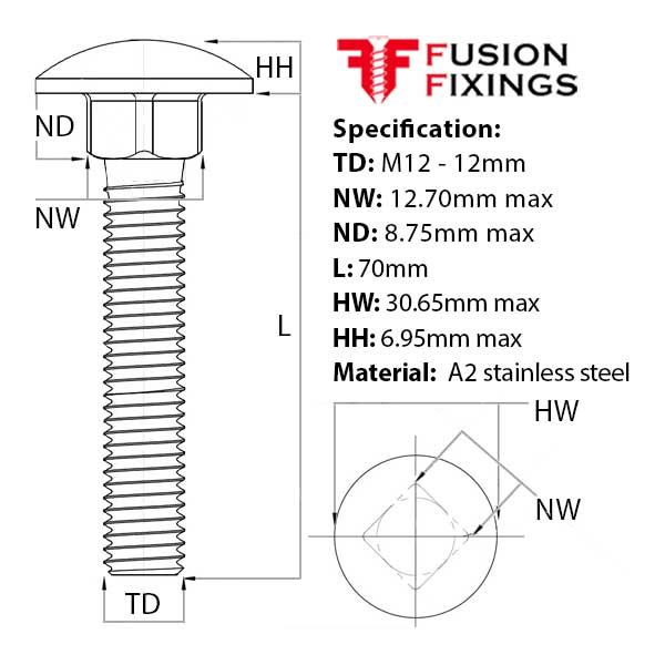 Size guide for the M12 x 70mm Carriage bolt (Coach Bolt) A2 Stainless Steel DIN 603. Part of a range now in stock at Fusion Fixings.