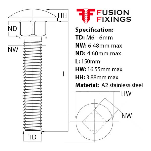 Size guide for the M6 x 150mm Carriage bolt (Coach Bolt) A2 Stainless Steel DIN 603