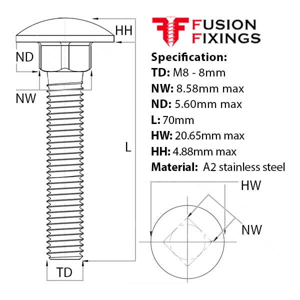 Size guide for the M8 x 70mm Carriage bolt (Coach Bolt) A2 Stainless Steel DIN 603. Part of a larger range of carriage bolts in stock at Fusion Fixings.