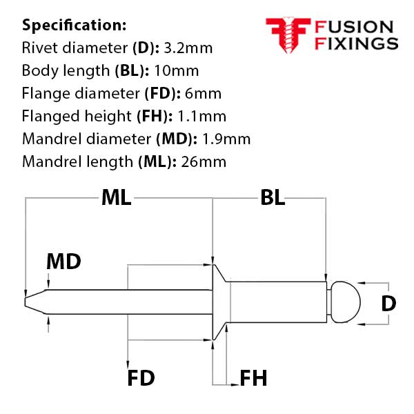 Size guide for the 3.2 x 10mm Countersunk Pop Rivets (Blind Rivet) Aluminium - Steel, Grip Range: 5 - 7mm