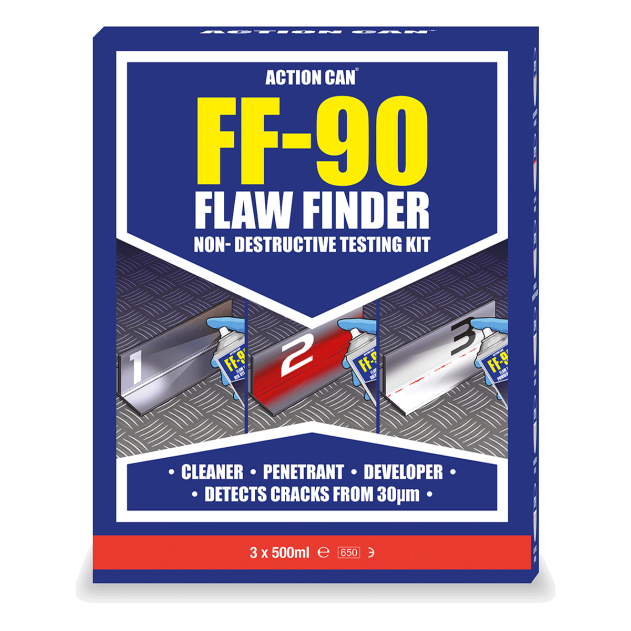 Action Can FF-90 Flaw-Finder Non-Destructive Testing Kit. Contains 3 x 500ml Aerosols and available as part of the growing Action Can range from Fusion Fixings. 