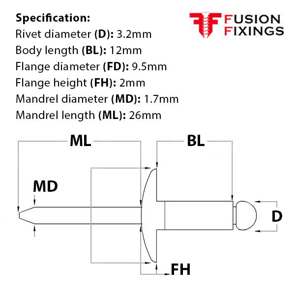 Size guide for the 3.2 x 12mm Large Flange Pop Rivets (Blind Rivets) Aluminium - Steel, Grip Range 7 - 9mm. Part of a growing range of pop rivets from Fusion Fixings