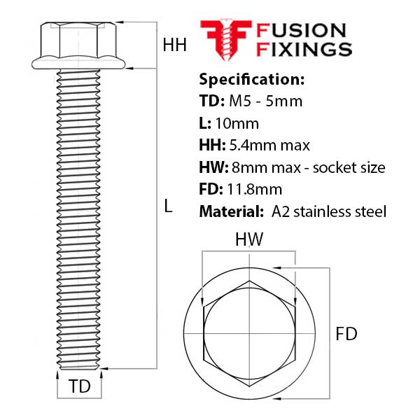 Size guide for the M5 x 10mm Hex Flange Bolt, A2 Stainless Steel DIN 6921