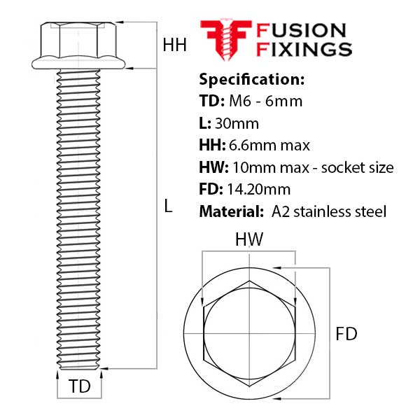 Size guide for the M6 x 30mm Hex Flange Bolt, A2 Stainless Steel DIN 6921. Part of a growing range of hex flange bolts from Fusion Fixings.