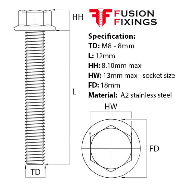 Size guide for the M8 x 12mm Hex Flange Bolt, A2 Stainless Steel DIN 6921