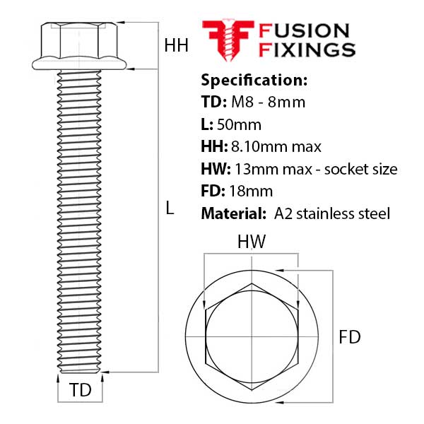 Size guide for the M8 x 50mm Serrated Flange Hex Bolt, A2 Stainless Steel DIN 6921