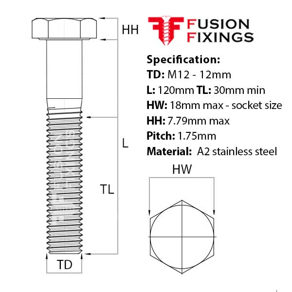 Size guide for the M12 x 120mm Hex Bolt (Part Threaded Bolt) A2 stainless steel, DIN 931. Part of a growing range of hex head bolts available from Fusion Fixings.